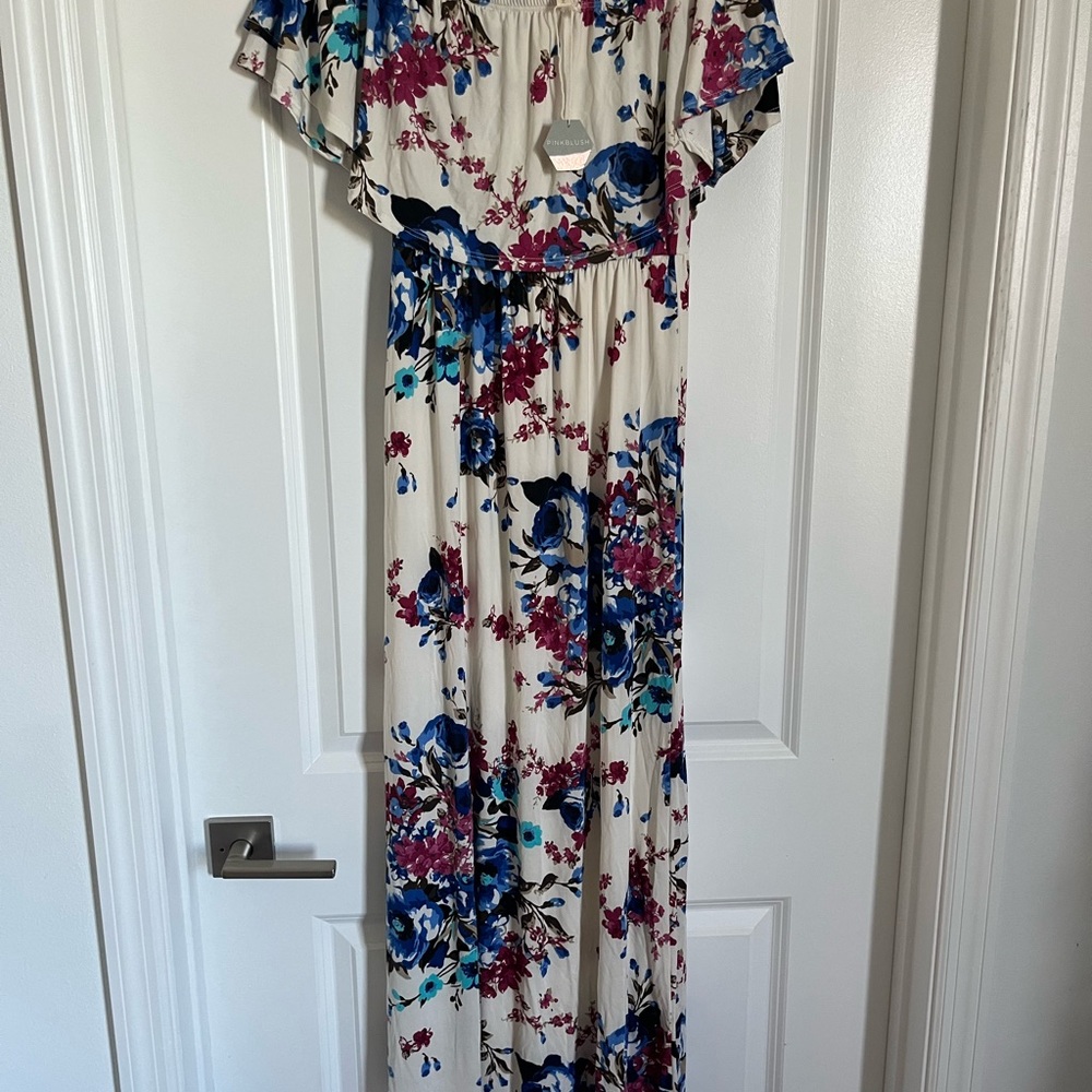 Pink Blush Floral Maxi Dress with Ruffle Sleeves